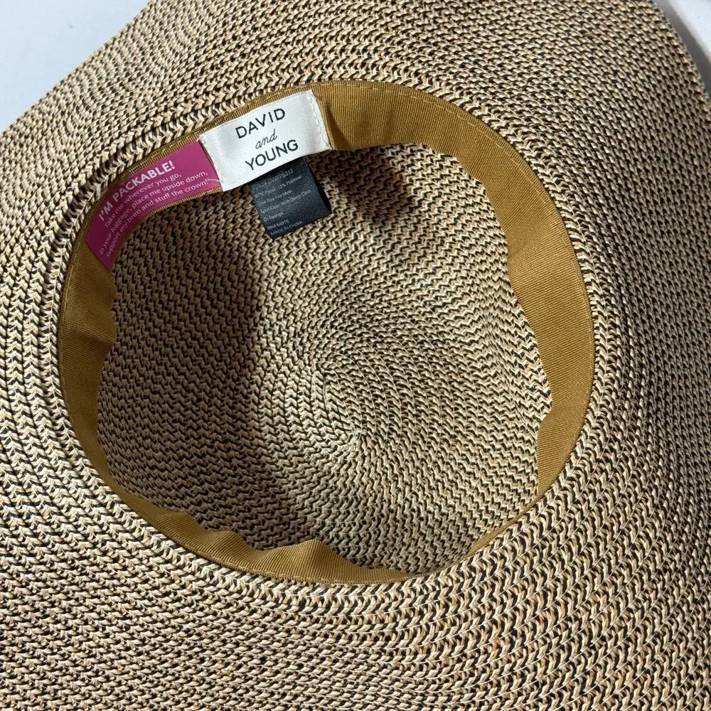 David & Young Packable Wide Brim Straw Sun Hat Women OS Tan Beach Resort